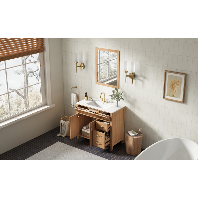 Meuble-lavabo autoportant de 91 cm (36 po) avec lavabo, portes doubles, 4 tiroirs, aspect bois naturel