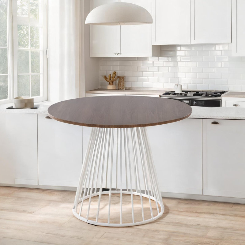 Table de salle à manger ronde contemporaine avec base en métal blanc abstrait et plateau en bois massif brun riche, 4 places, 37,75 pouces
