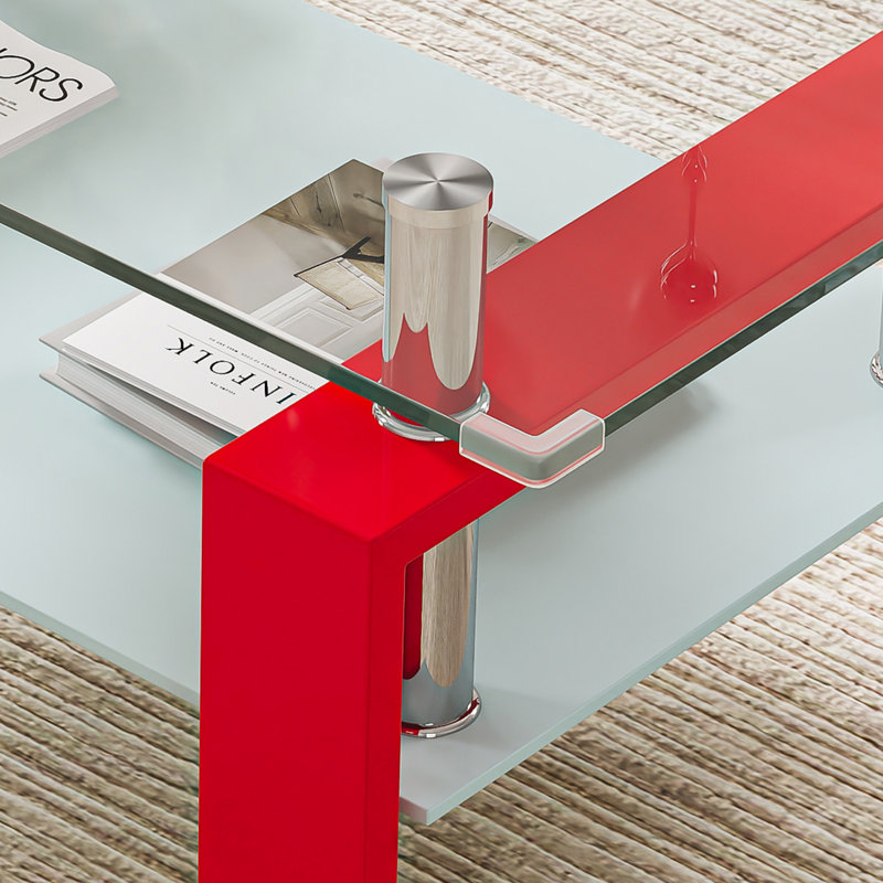 Table basse 37,2 po en verre, table basse en verre trempé avec rangement à 2 niveaux et structure en métal, Red