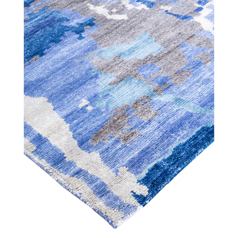 Tapis moderne noué à la main de conception unique - bleu, 9 pi 1 po x 11 pi 10 po Modern