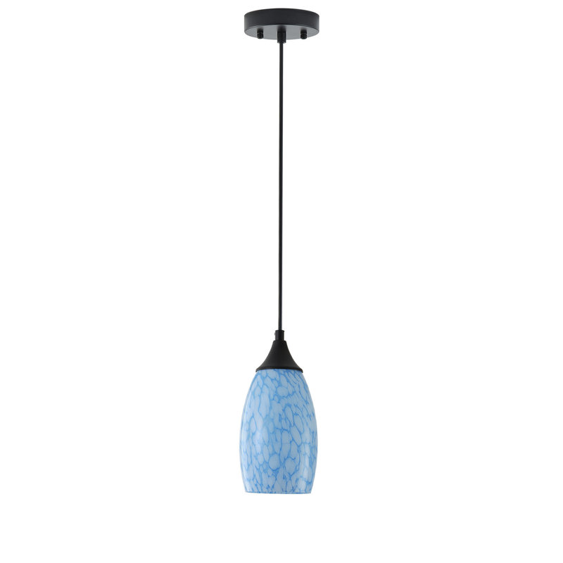Mini-luminaire suspendu moderne 1 lumière, finition noir mat, abat-jour en verre soufflé à la main bleu, chaîne réglable de 59,06 po, base E26, à intensité variable, homologué ETL