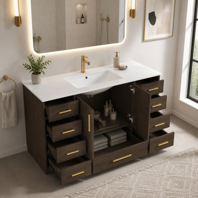 Meuble-lavabo de 48 po brun foncé. Armoire de rangement abondante - 2 portes à fermeture douce et 9 tiroirs
