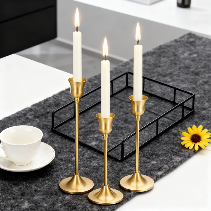 Vintage Taper Candle Holders Set Of 3 With Heavy Base And Non-Slip Velvet For Dining Table Wedding Fireplace Mantel Centerpiece Decor