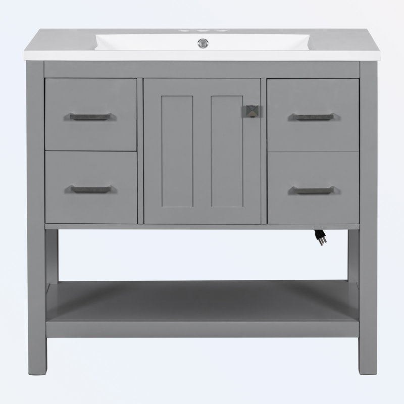 Meuble-lavabo de salle de bain avec port USB, deux tiroirs peu profonds et un tiroir profond, Gris