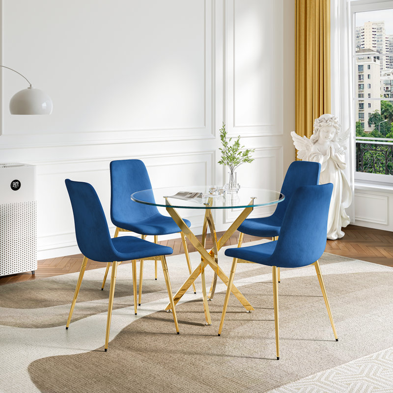 Ensemble de salle à manger rond 36 po, base en acier inoxydable et 4 chaises rembourrées en velours