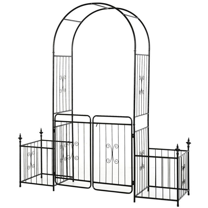 Jardin en métal 86,5 po avec treillis, barrière verrouillable, bacs à fleurs, panier de mariage, plante grimpante 86 po