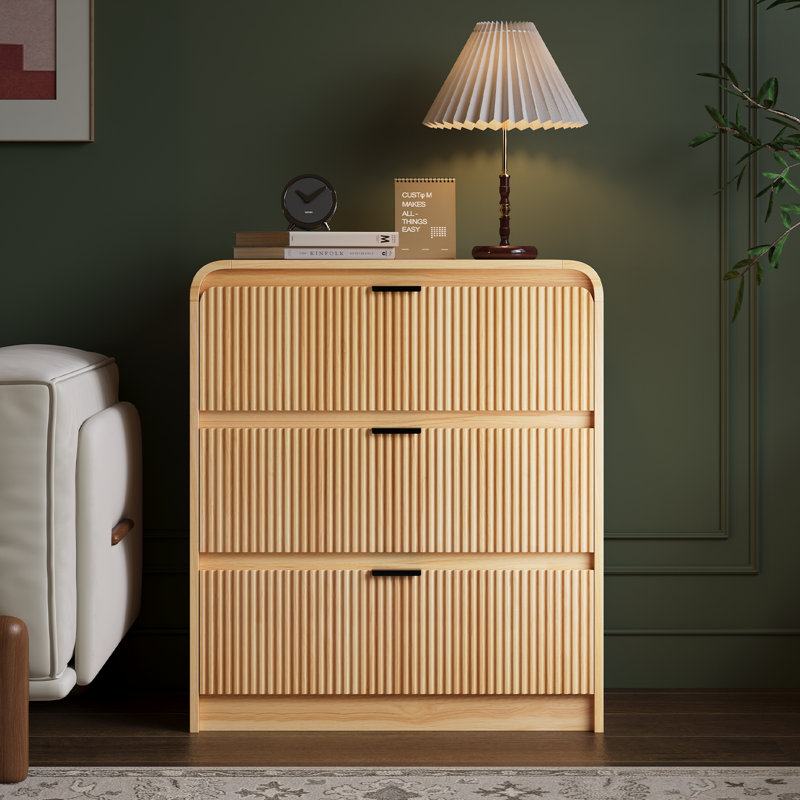 3 Drawer Fluted Nightstand For Bedroom, 27.6’’w X 15.8’’d X 31.5’’h, Natural Wood
