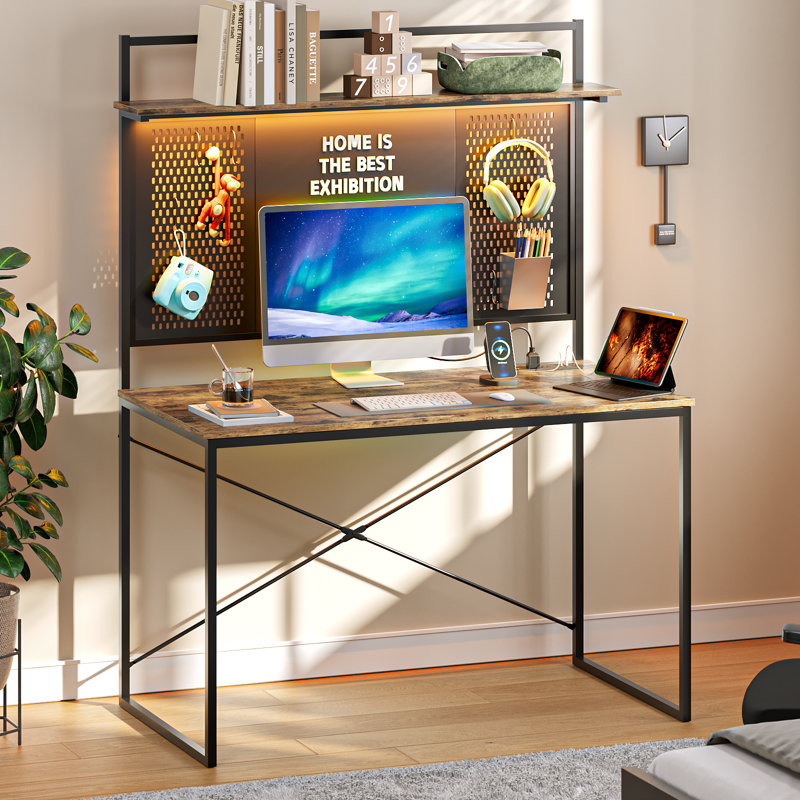 39''W LED Gaming Desk with Hutch and Pegboard, Computer Home Office desks with Power outlet and Shelf, Yellow/Wood