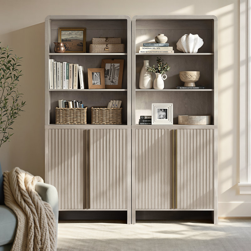 74.1" Fluted  Bookcase With Doors,Book Shelf With 3 Open Shelves & 3 Hidden Shelves
