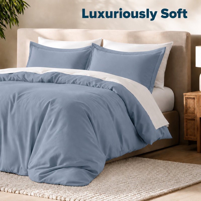 Modern Microfiber Duvet Cover Set - Basics by Wayfair™, King Duvet Cover + 2 King Shams, Blue