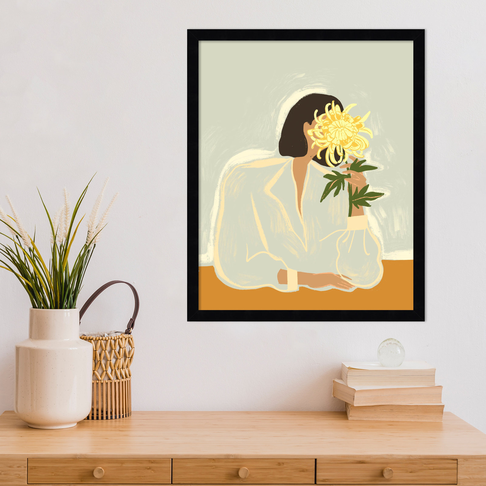 Lady With Chrysanthemum by Arty Guava Wood Framed Wall Art Print, Black, 21" H x 17" W