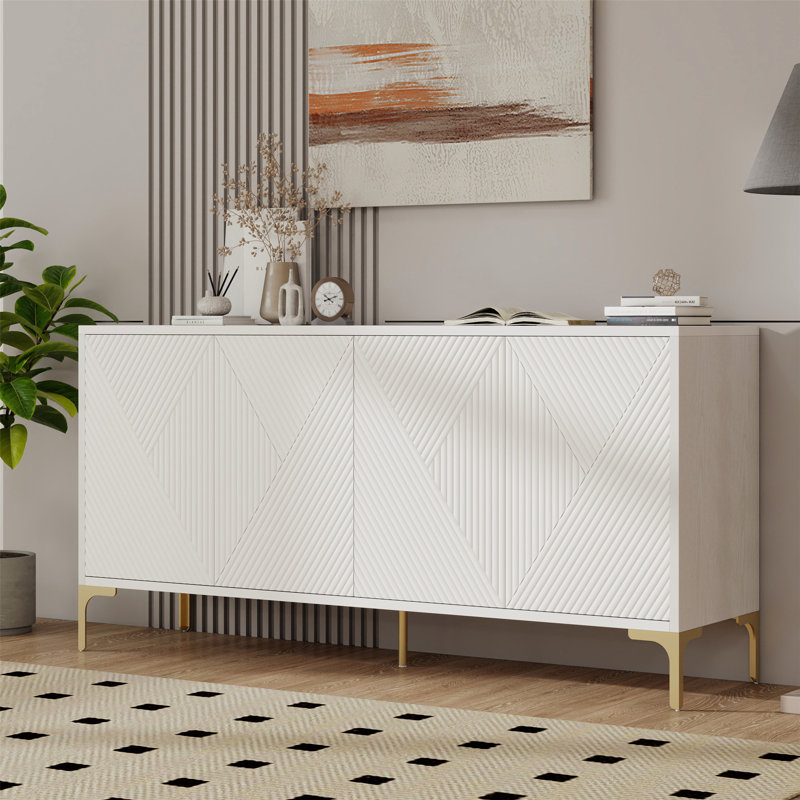 Buffet avec rangement, buffet en bois avec panneaux de porte sculptés, 4 portes, tablettes réglables, esthétique moderne pour le salon et la cuisine (blanc)