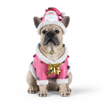Festive Christmas Dog Statue Holiday Bulldog Figurine with Santa Outfit, Durable Resin Seasonal Home Decoration for Entryway Living Room Fireplace Porch, Freestanding Piece for Indoor and Covered Outdoor Holiday Display Arrangements