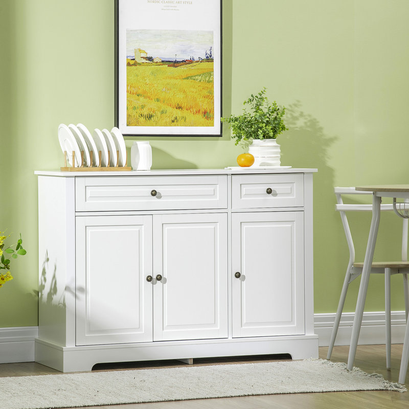 Armoire de rangement blanche, 2 tiroirs et tablettes réglables pour buffet avec tiroirs, armoire de rangement fonctionnelle