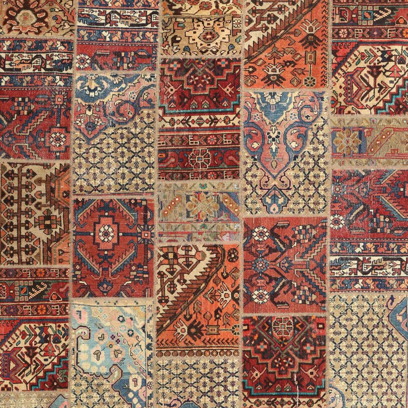 Tapis contemporain rouge / bleu / orange, Carré 5 pi