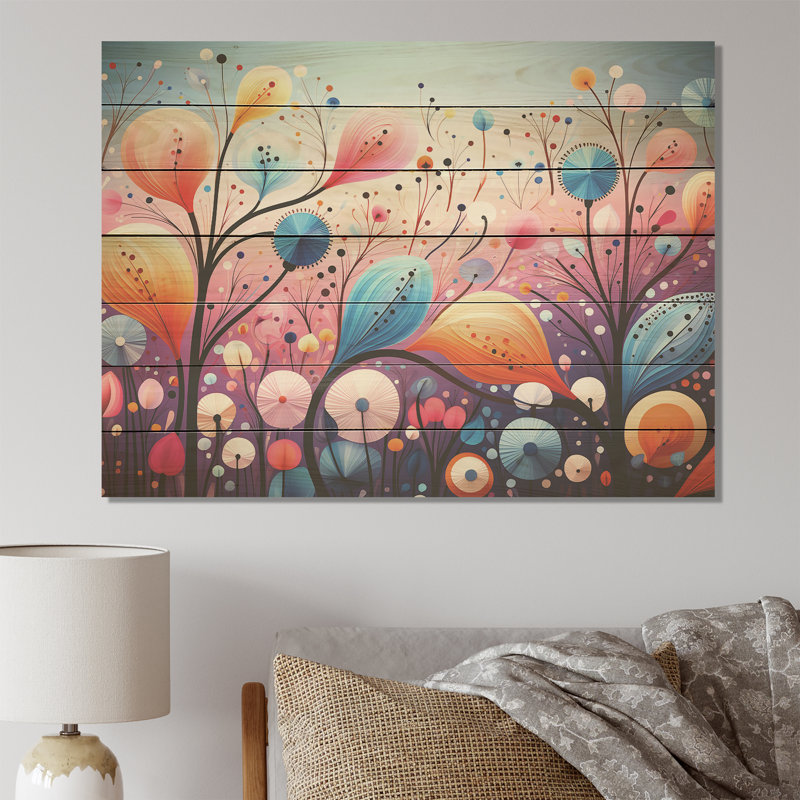 «Pink and Blue Botanical Abstracts Wonderland I» - Botaniques sur bois, H 34 po x l 44 po