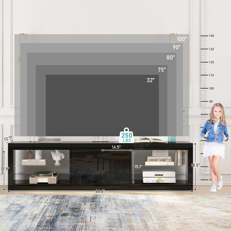 86 Inch High Gloss Led Tv Stand For 90 Inch Tv With Adjustable Glass Shelves Two Cabinets