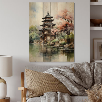 Art asiatique, pagode sereine II sur bois