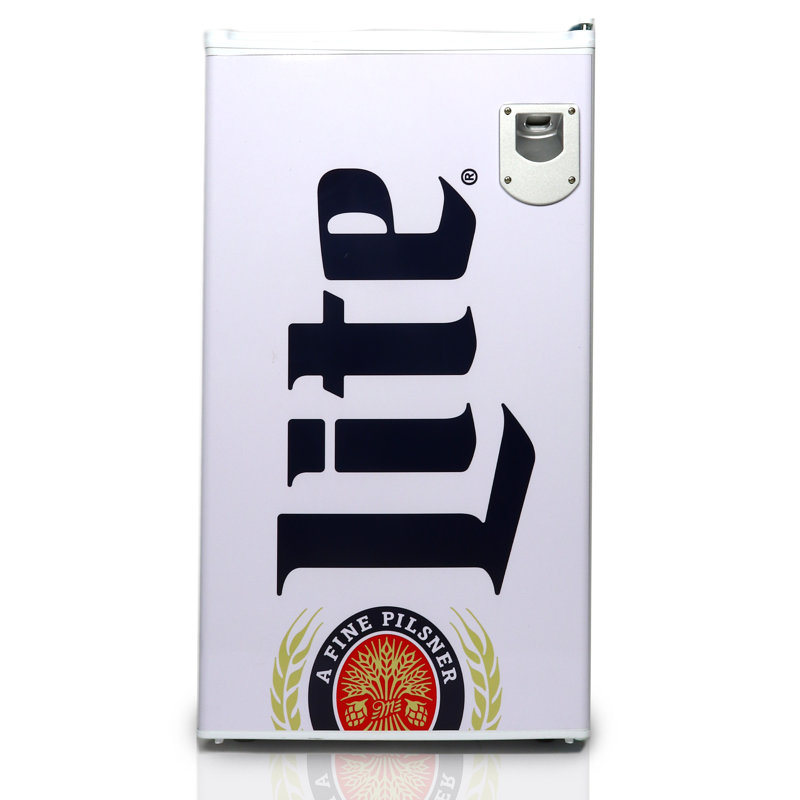 Miller Light 3.2 Cu. Ft. Mini Fridge with Built-In Bottle Opener, Compact Refrigerator for Dorm Room, Office & Bedroom, Freestanding Beverage Refrigerator, White