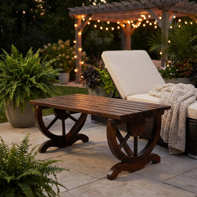 Rustic Wooden Outdoor Bench with Decorative Wheel Legs for Two People