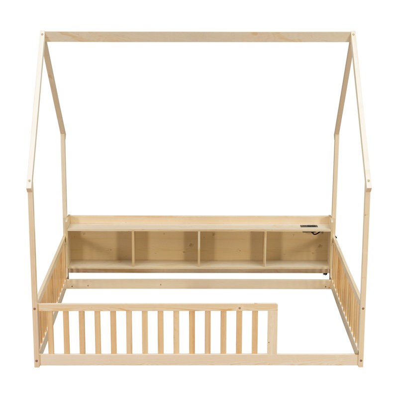 Lit de maison avec tablettes de rangement, lumières à DEL intégrées et station de charge, lit de plancher en bois de pin avec garde-corps de sécurité