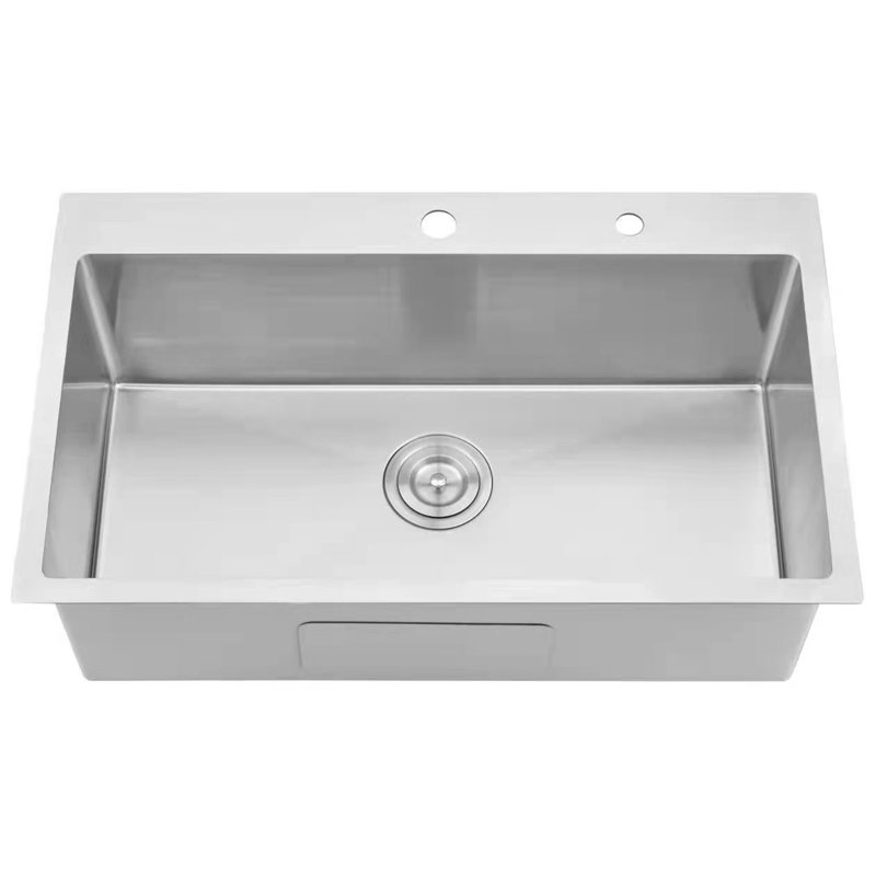 Évier de cuisine à cuve simple en acier inoxydable à 2 trous avec grille inférieure et crépine