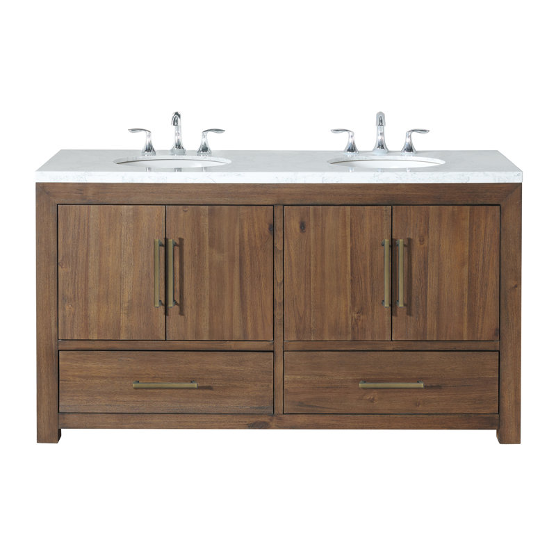 Meuble-lavabo l 62 po x P 22 po Asellus en noyer avec comptoir en marbre blanc et lavabo blanc