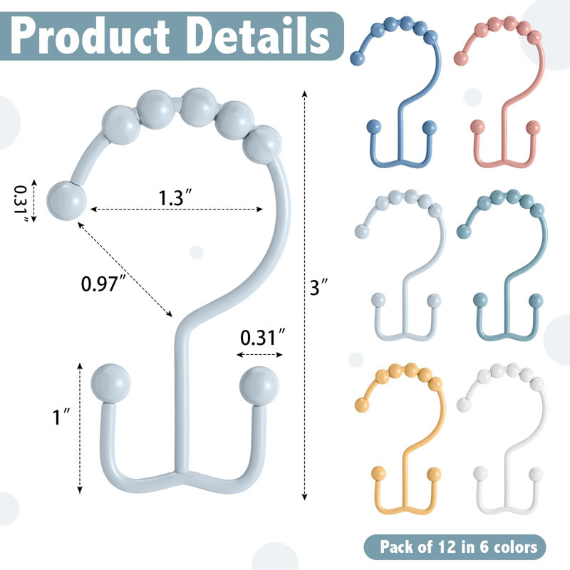 12 Pcs Colorful Shower Curtain Hooks Bohemian Rainbow Color 304 Stainless Steel Rings Rust Proof Balanced Double Glide Shower Hooks(Bohemian Color)