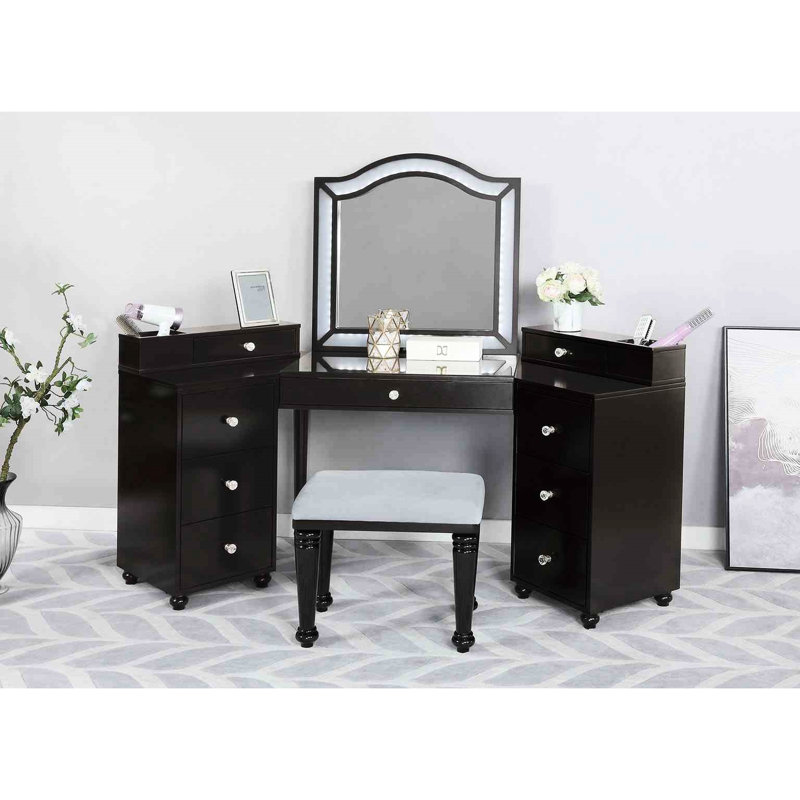 1Pc Vanity Stool , 8Mm Glass, Led Mirror, Storage Drawers, Gray Finish For Bedroom Use With Stool, Tempered