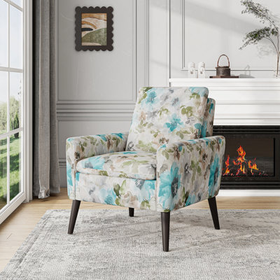Fauteuil d'appoint à motif floral bleu pastel et gris avec pieds en bois massif brun foncé