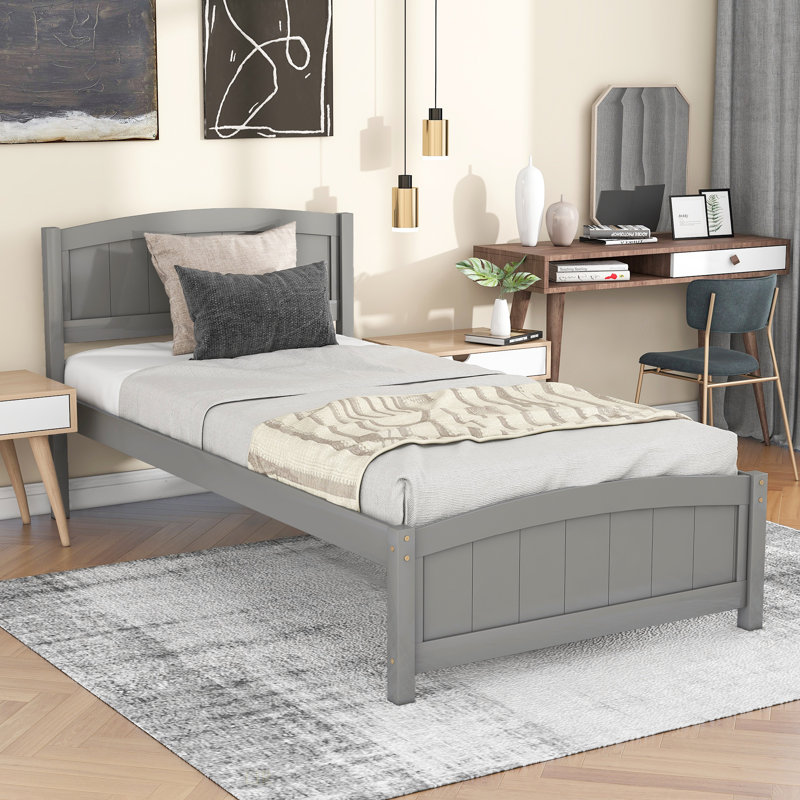 Lit plateforme en bois avec tête de lit, pied de lit et lattes en bois, gris