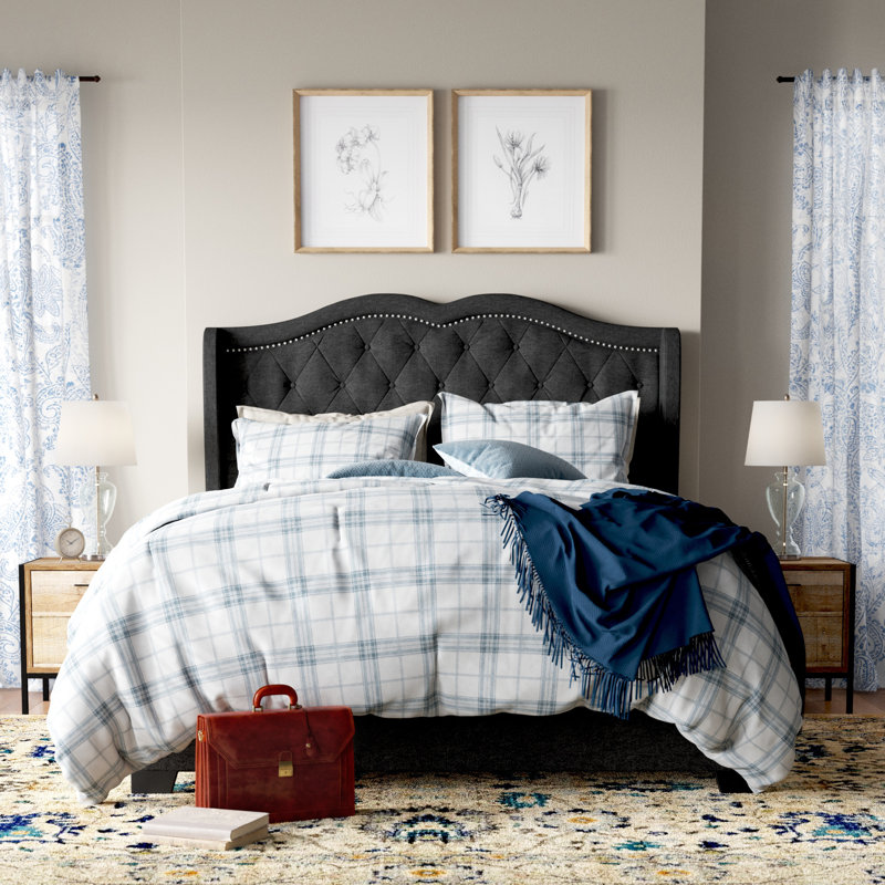 Harrel Upholstered Wingback Bed, Charcoal, Queen