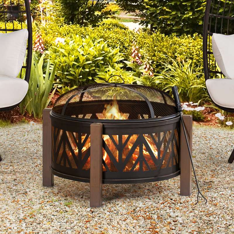 Sunjoy Aghi  27 inch Fire Pit for Outside, Outdoor Steel Wood Burning Fire Pits with Mesh Spark Screen and Fire Poker, Large Bonfire for Patio and Backyard