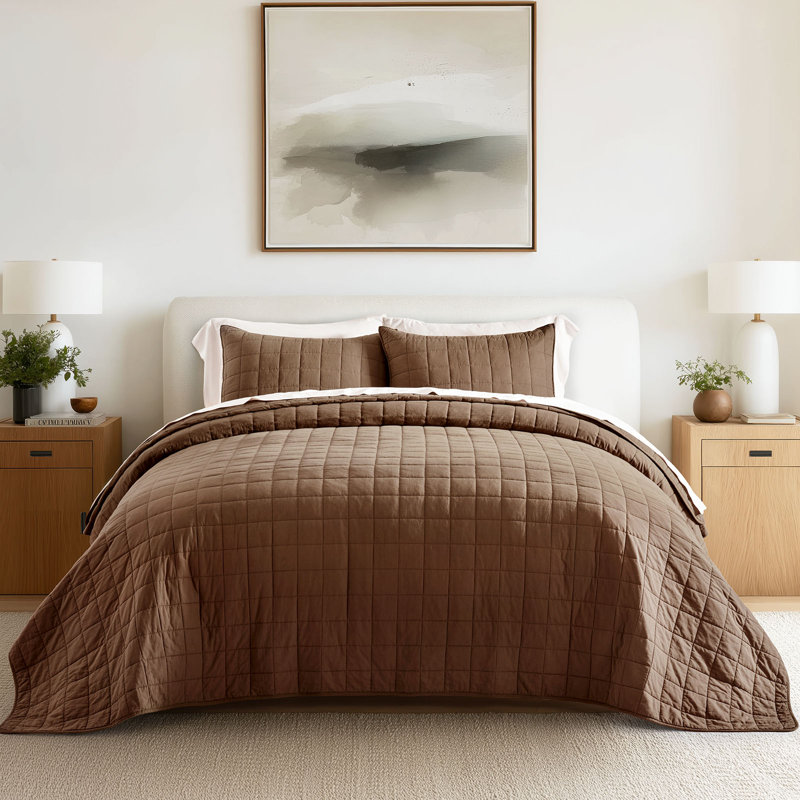 100% Cotton Box Stitch Quilt Set, Queen Quilt + 2 Queen Shams, Sienna Brown