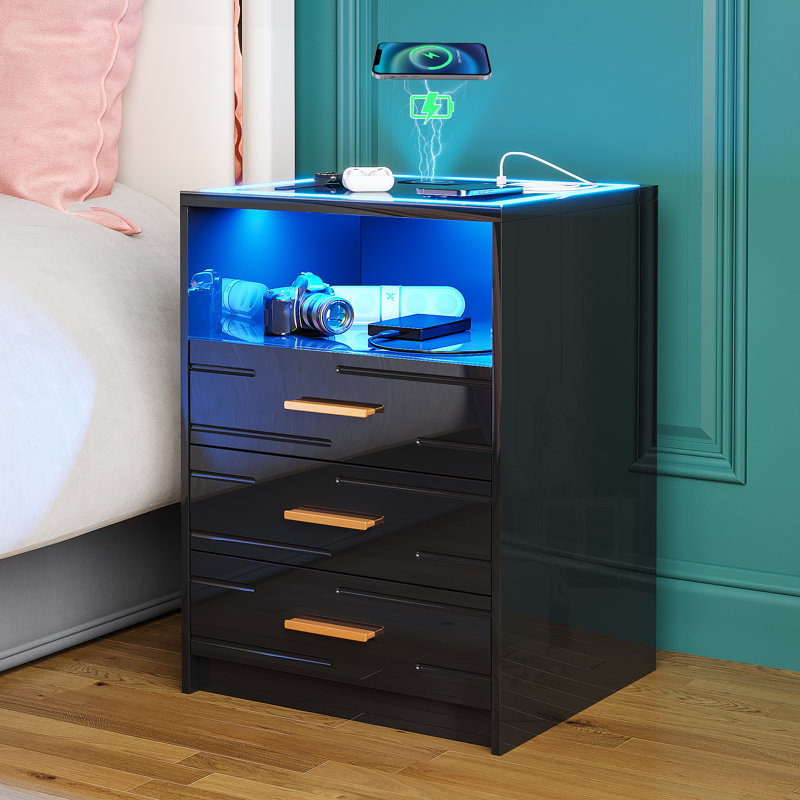 Table de chevet à DEL avec station de charge sans fil et écran tactile Keffer Knepp, Noir