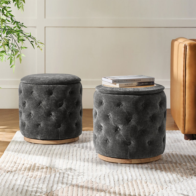 Alycia Modern Storage Ottoman with Solid Wood Base set of 2, Gray