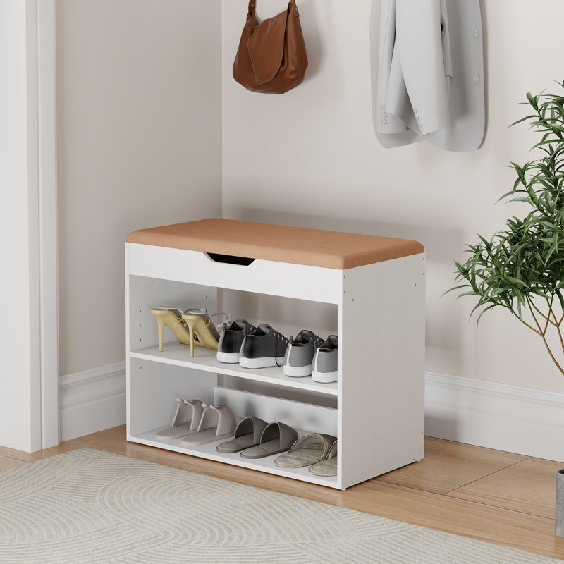 2-Tier Adjustable Shoe Cabinet,Upholstered Shoe Storage Bench With Cabinet, White