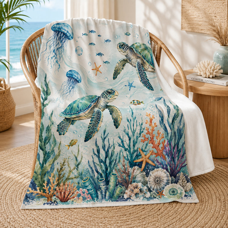 Galaxy Turtle Throw Blanket, Purple Blue Celestial Sea Life Print with Starfish and Shells, Flannel Cover for Sofa, Bed, Reading and Lounging, 30 x 40 in