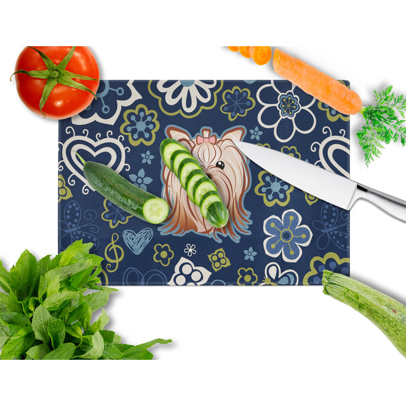 Caroline's Treasures Tempered Glass Flowers Cutting Board, Yorkie Yorkishire Terrier
