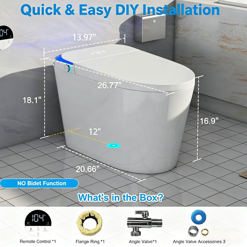 Smart Toilet With Auto Open/Close, Heated Seat, Foam Shield, Automatic Flush, Radar & Foot Sensor, LED Display, Night Light & Wireless Remote