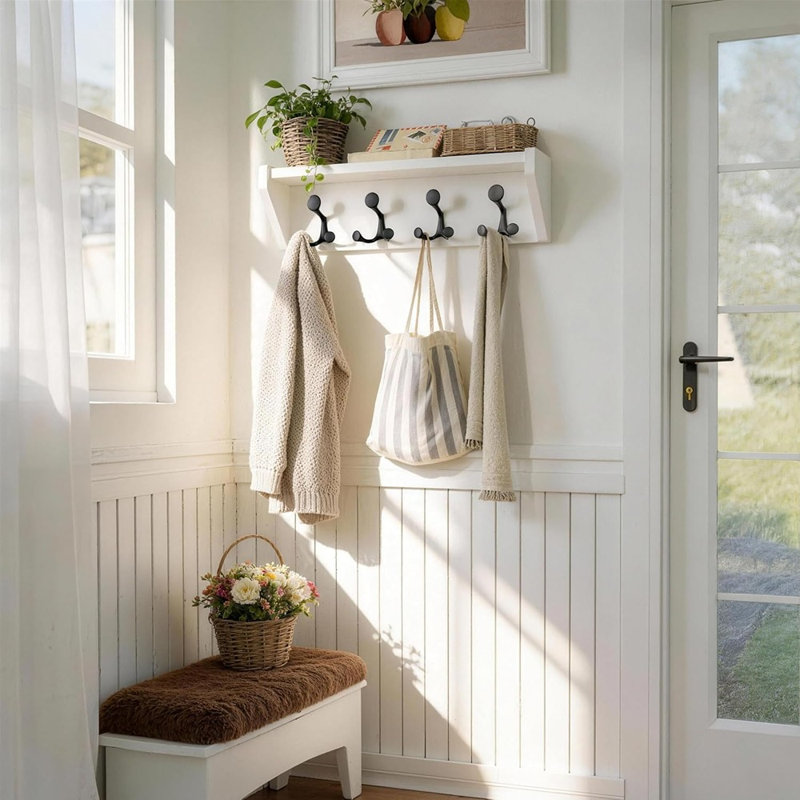 Porte-manteau mural de 61 cm avec tablette, 4 crochets triples, organisateur robuste en bois massif, rangement d'entrée blanc