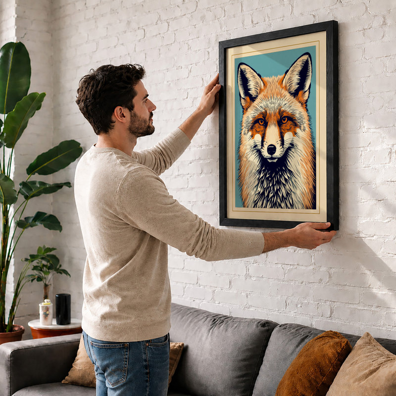 Frontal Fox Boho - Framed Print, A3 - 42.0 x 29.7 cm, Black