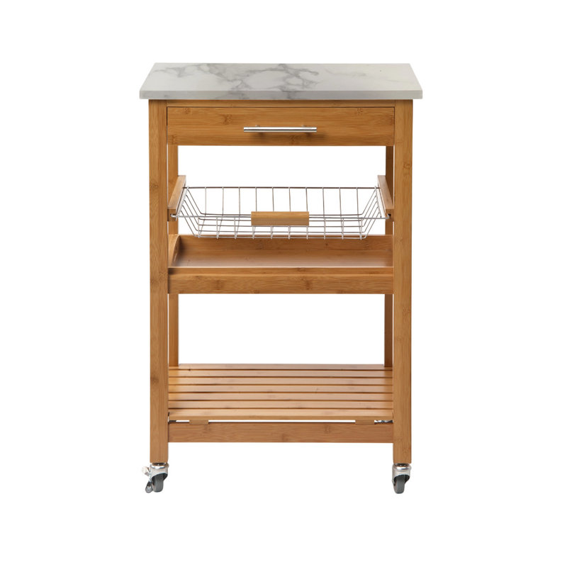 Chariot-bar à roulettes Jude, 2 tablettes, faux marbre, bambou brun