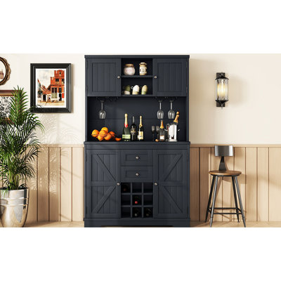Antique Blue Dining Cabinet With Shelves - Coffee Bar Drawers, Cabinets For Kitchen Dark With Extra Storage Space And Wine Room