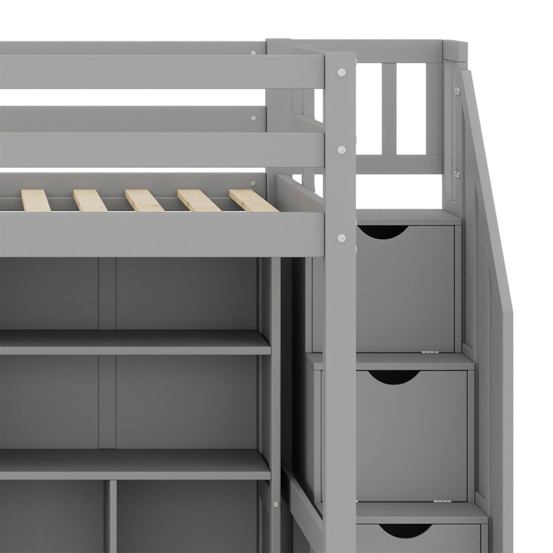 Lit mezzanine avec bureau en L et tiroirs, armoire et escalier de rangement, Gris