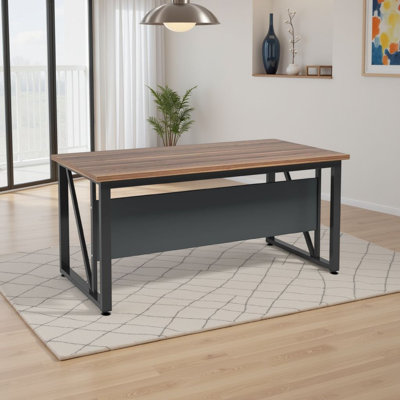 Tibe Computer Desk, 55 Inch Rectangle Top, Brown Wood Black Metal Legs