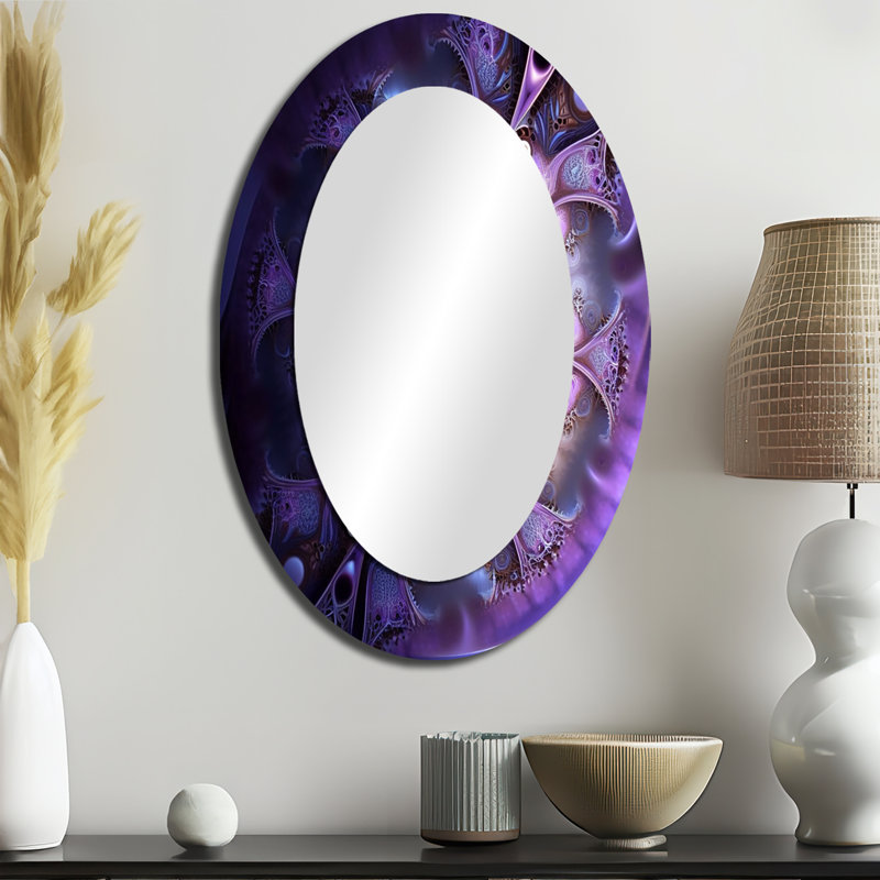 Mandala cosmique en mauve mystique I - grand miroir mural ovale sur métal, 36 po x 24 po