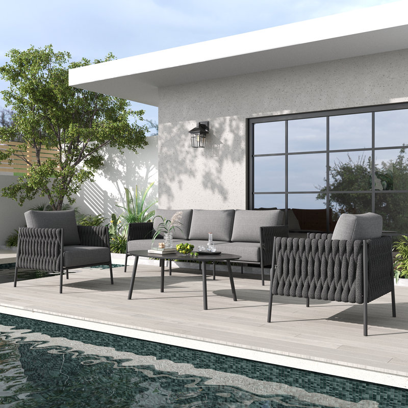 4 Piece Outdoor Furniture Set with Coffee Table, Modern Rope Woven Patio Conversation Sofa Set with Olefin Braid and Deep Seating