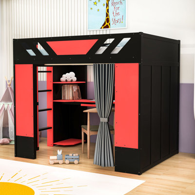 Full Size Wood Loft Bed with Workstation, Shelves, RGB Lights and Charging Station
