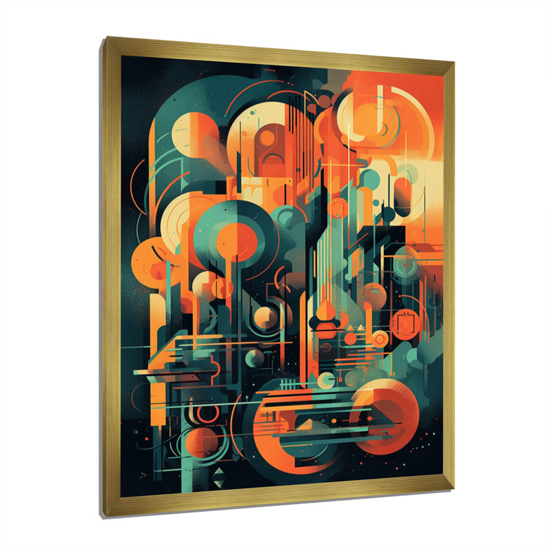 Vert et orange Mid Century Innovations II, reproduction d'art sur toile, H 20 po x l 12 po x P 1 po, Encadrement doré